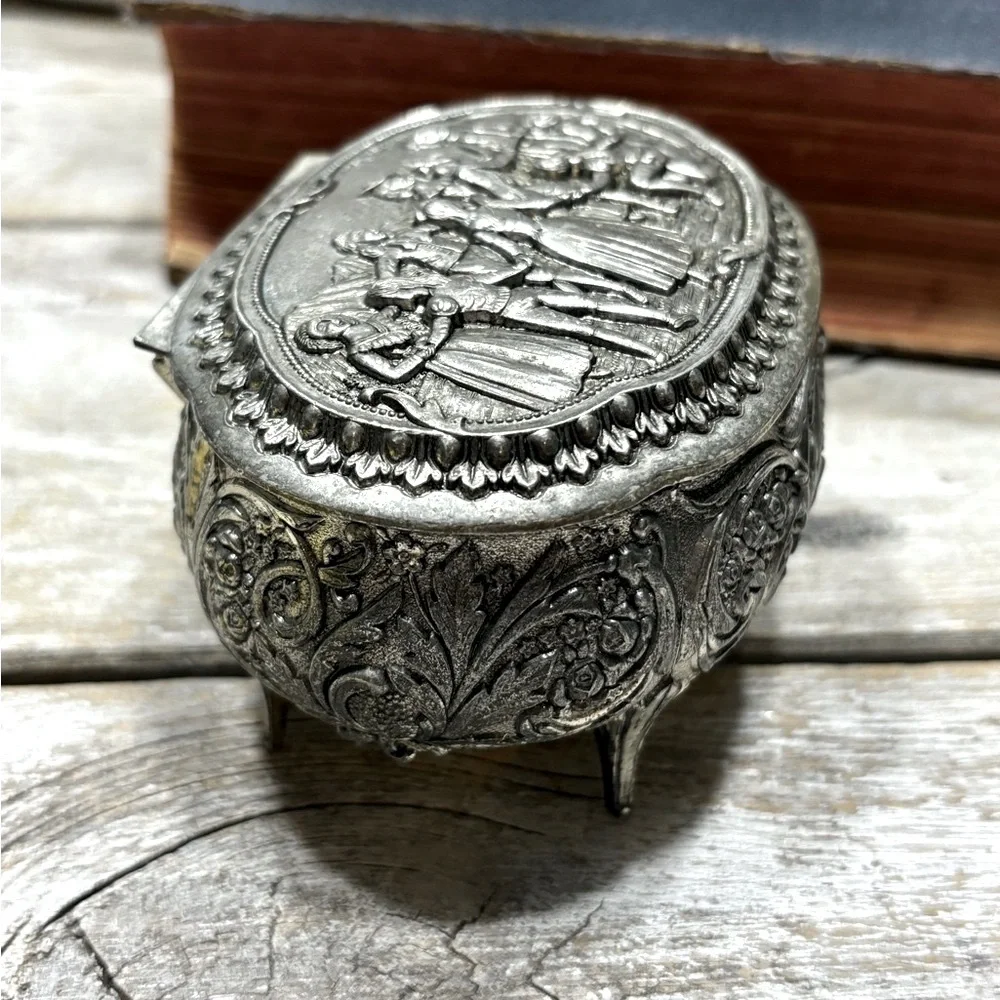 Vintage 70’s Silver Tone Footed Trinket Box (Stamped Japan) Blind Man's Bluff